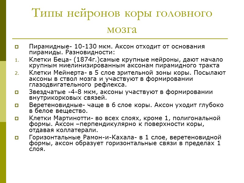 Типы нейронов коры головного мозга Пирамидные- 10-130 мкм. Аксон отходит от основания пирамиды. Разновидности: